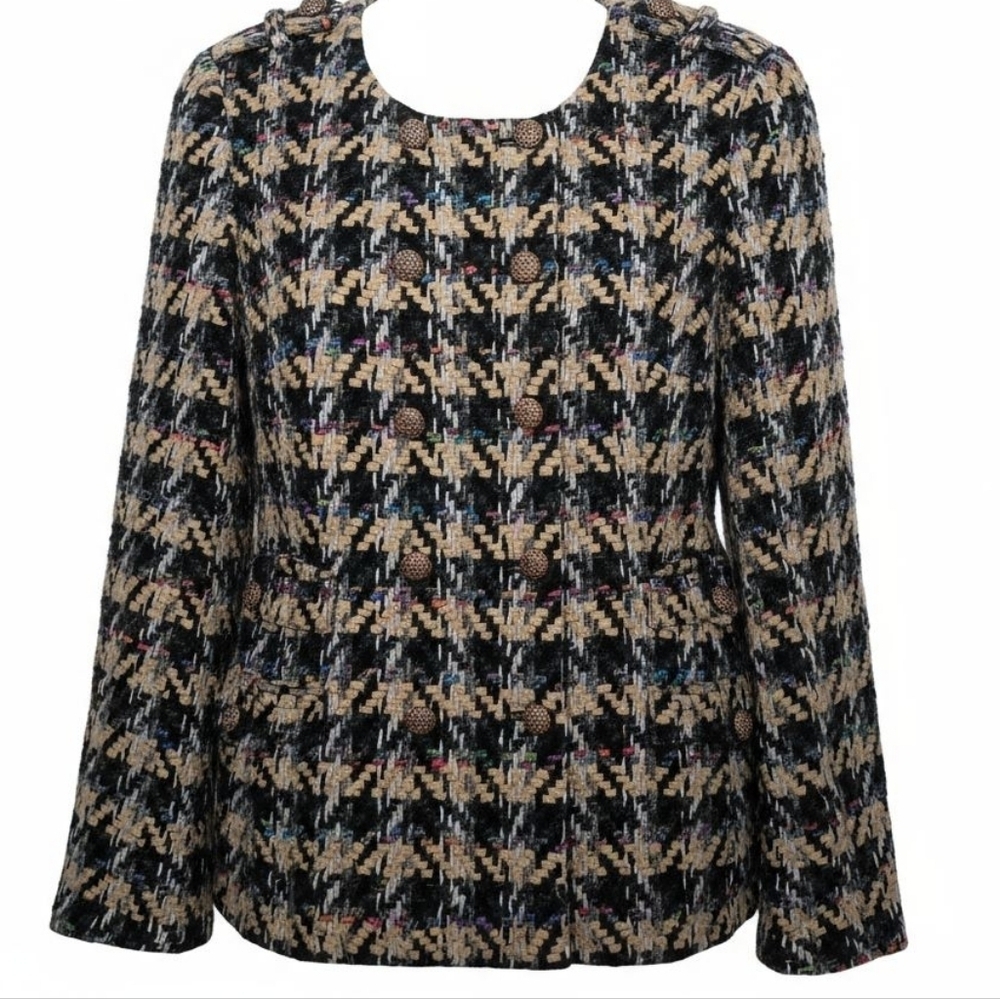 Etcetera Tweed Boucle Wool Houndstooth Blazer Black Multicolor Size 12